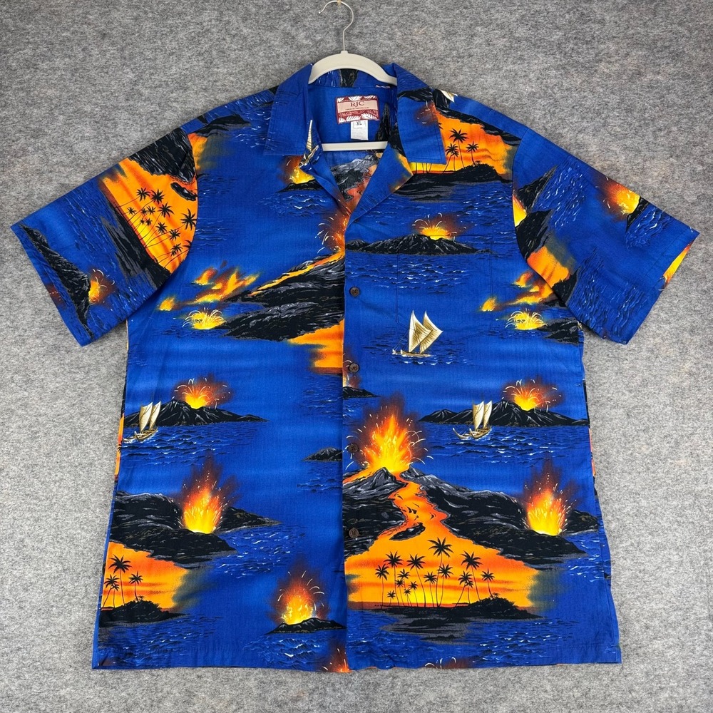 RJC Kilauea Big Island Volcano Hawiian Shirt USA Made Pocket Blue Mens XL